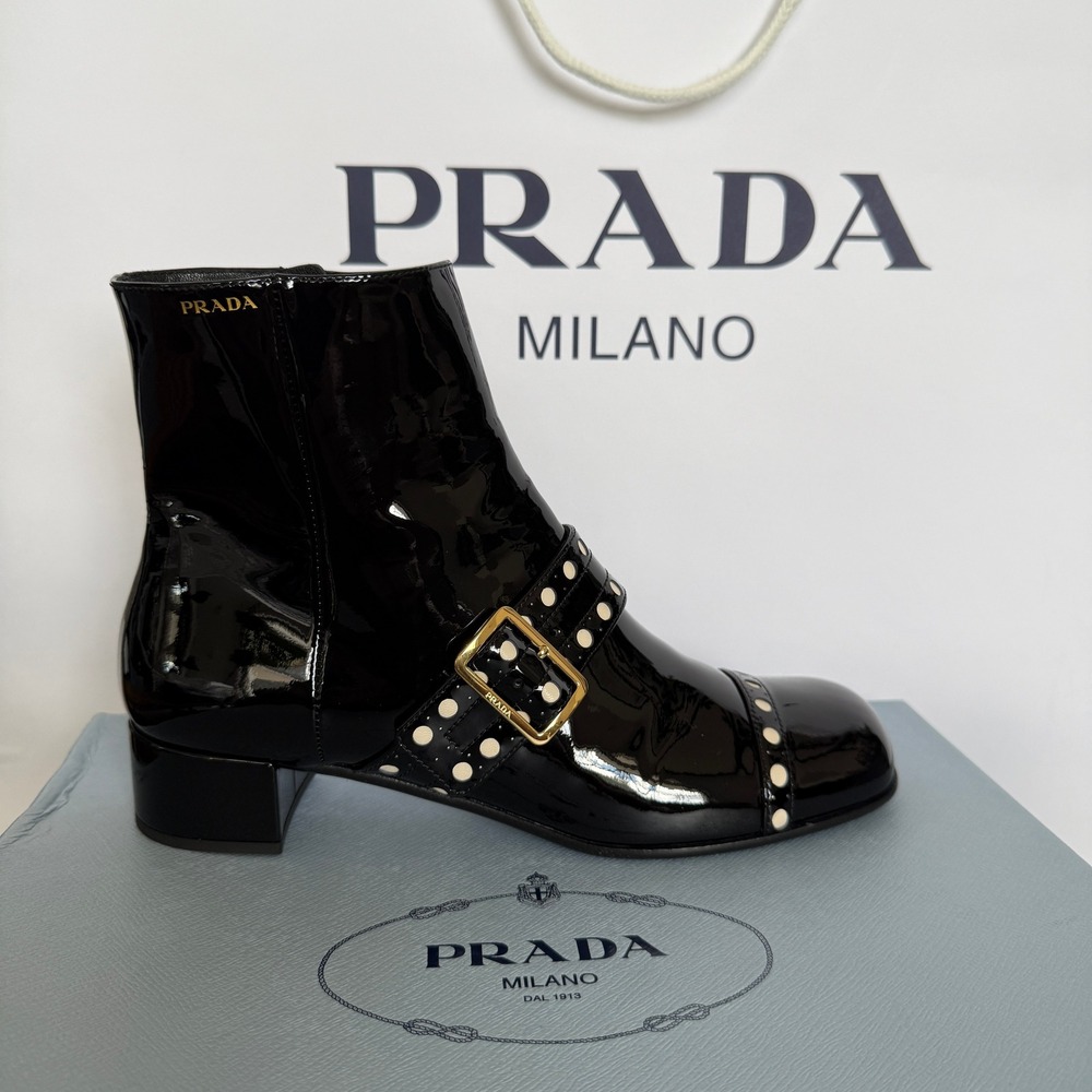 Prada 1T817N Women's Black Patent Leather Beaded Ankle Boot, sz 37.5 - Picture 6 of 16